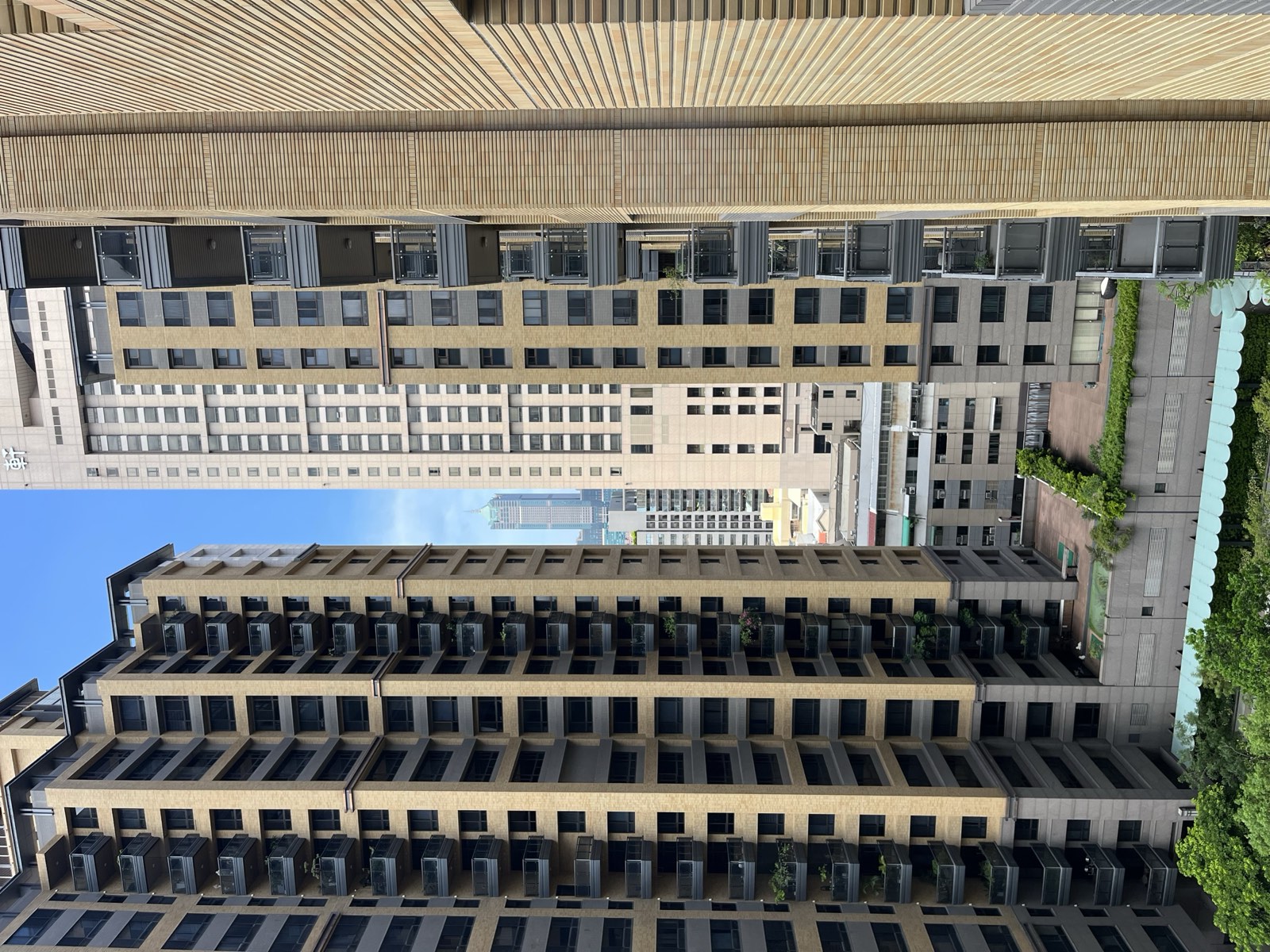 Moderner Hochhausblock Taiwan, Außenansicht: Beton und Glasfassade